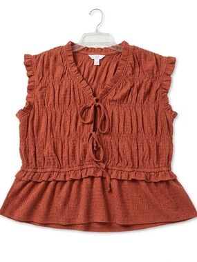 Time and Tru Rust/ Burnt Orange Tie-Front Ruffle Peplum Camisole